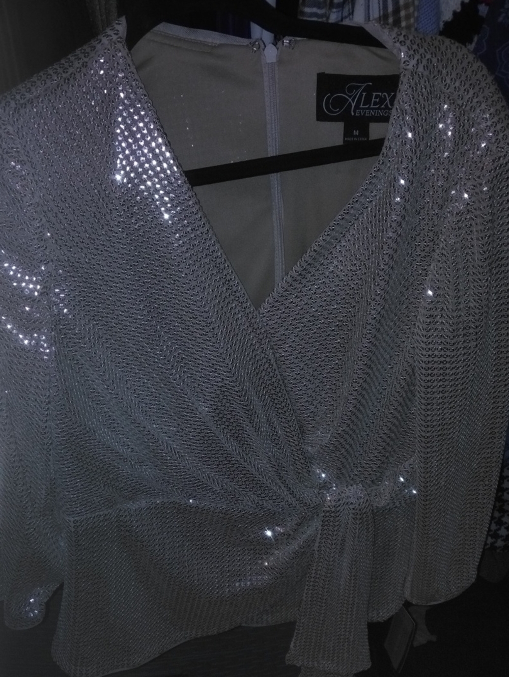 Alex Evenings Silver Sequin Long Sleeve Wrap Blouse